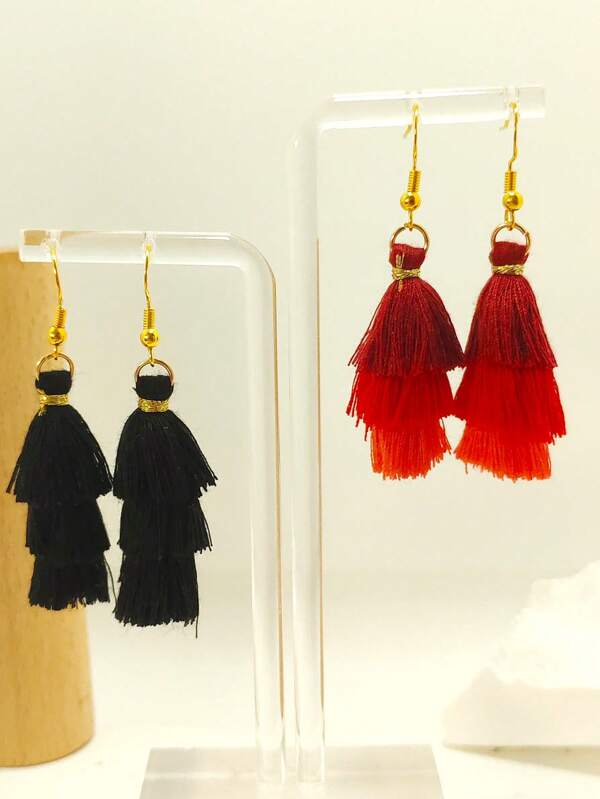 2 piezas Pendientes con colgante de borla de 3 capas de estilo bohemio de algodón, adecuados para el desgaste diario