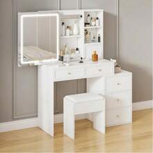 Dressing Table With Mirror And Stool, Modern Vanity Makeup Desk With Sliding Lights Mirror, 6 Drawers And Open Shelves For Bedroom - White - View 11
