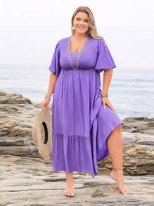 Rusttydustty 波西米亚风紫色丝带V领连衣裙休闲派对海边度假音乐节