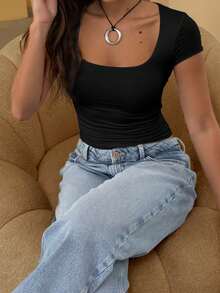 Women's Square Neck Cropped Short Sleeve T-Shirt, Cute Basic Tee For Summer Casual Black - Black - View 3