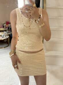 Women Mini Skirt Sequined Low Waist Slim Fit Party Club Night Out Sparkly Korean Style Hot - 香檳色 - 查看 5