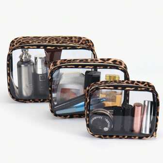 1pc/3pcs Leopard Print Transparent Makeup Bag, Durable TPU Makeup Bag, TSA Compliant Travel Toiletry Bag, Makeup Bag Large Capacity Waterproof Travel Bag Convenient Storage Bag Travel Cosmetic Bag Travel Toiletry Storage Bag Necessities Gift Storage Zipper Accessories Nail Art Travel Essentials Bag For School For Vacation Holiday Back To School Supplies Wash Bag Waterproof Toiletry Bag