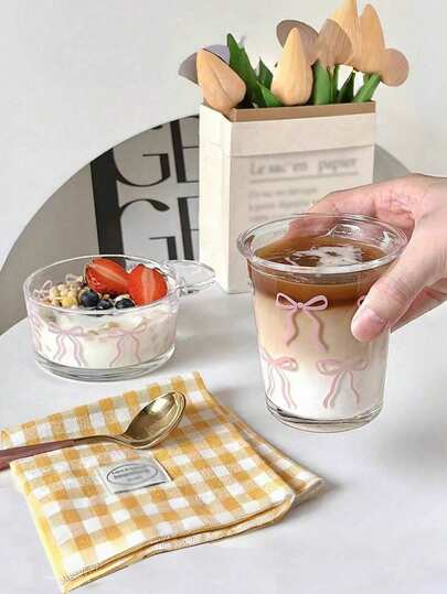 1pc Pink Girl Coffee Mug - Super Cute Design, With Pink Ribbon. 350ml High Borosilicate Glass Cup, Suitable For Drinking Water, Office, Coffee, Milk, Etc. Applicable To Restaurant, Living Room And Office. Reusable Round Cup.