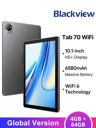  Blackview Tab 70 Wifi 智能平板电脑 4GB+64GB 全球版 10.1 英寸 HD+ 显示屏 支持 Widevine L1 双音箱扬声器 6580mAh 大容量电池 8MP 前置摄像头 5MP 后置摄像头 Android 14 WiFi 6