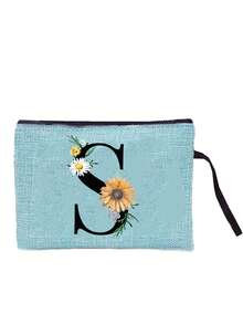 Sunflower & Daisy, Letter A-Z Print Blue Linen Tote Bag, Perfect Holiday Gift, Multifunctional Portable Handbag/Shoulder Bag, Fashion Minimalist Linen Bag, Large Capacity Storage Bag, Gift For Women, Teacher's Day Gift, Cosmetic Bag - Blue - View 18
