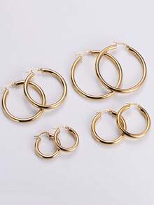 4 对时尚百搭现代风格精致不锈钢抛光电镀 18k 金粗圆线耳环 8 件个性化派对耳环 - 金色 - 查看 1