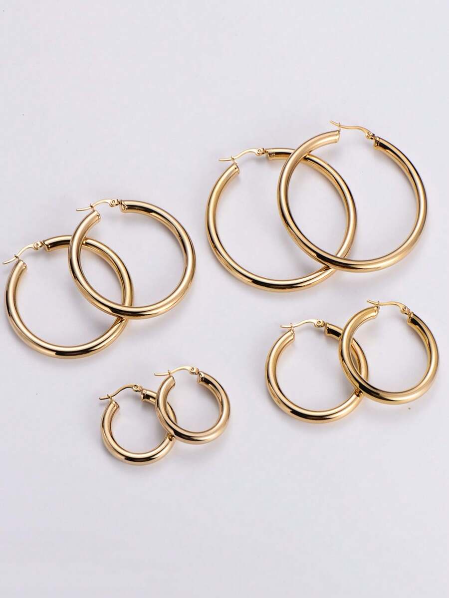 4 对时尚百搭现代风格精致不锈钢抛光电镀 18k 金粗圆线耳环 8 件个性化派对耳环 - 金色 - 查看 1