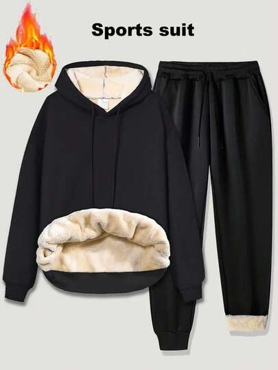 2pcs/Set Men's Thickened Thermal Lined Hoodie And Pants Casual Sports Suit, Autumn/Winter