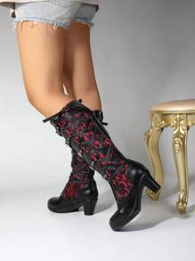 Botas altas de tacón grueso góticas y punk para mujer, para boda, novia, fiesta, Halloween, con cremallera trasera, hebilla, encaje, tacón de bloque, cordones, tacones altos rojos