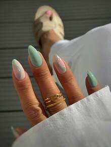 Press On Nails,96pcs Almond Fake Nails,Nude/Green,French Tip, Stripes Plant,Star Gilding,Pearl,Glossy Women'S False Nails Y2k Style,Suitable For Daily Leisure, Work, Parties, Dates, Holiday Celebrations, Reusable, With Jelly Glue And Rubbing Strips - 綠色 - 查看 4