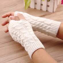 Knitted Fingerless Gloves, Warm Gloves For Autumn/Winter, Acrylic Yarn Gloves With Exposed Fingers, Solid Color Short Gloves Autumn Accessories