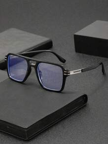 1 Pair Men's Square Frame Double Bridge Stylish Retro Fashion Personalized Flat Glasses, Suitable For Computer Office, Decoration, Daily Outfit
