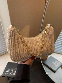 时尚纯色编织新月形女士手提包，配有金属链条肩带，可用作手提包、单肩包、托特包、沙滩包、休闲编织包和手机包，夏季必备，适合度假和假日，沙滩包，适合夏季、度假和日常使用，旅行必备。 - 米色 - 查看 9