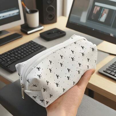 1pc Simple Black Bow White Pencil Bag, Hand Account Clip Office Bill Student Test Paper Folder Long Tail Clip, High-Looking Cute Girl Student Makeup Bag Large Capacity Stationery Storage Bag, Back To School, School Supplies, Pencil Case, Pencil Pouch, School Bag