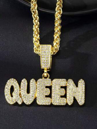 1 pieza Collar con colgante de letra "Queen" chapado en oro completamente cubierto de diamantes sintéticos, cadena gruesa, adecuado para hombres y mujeres, uso diario, Halloween, Navidad, Acción de Gracias