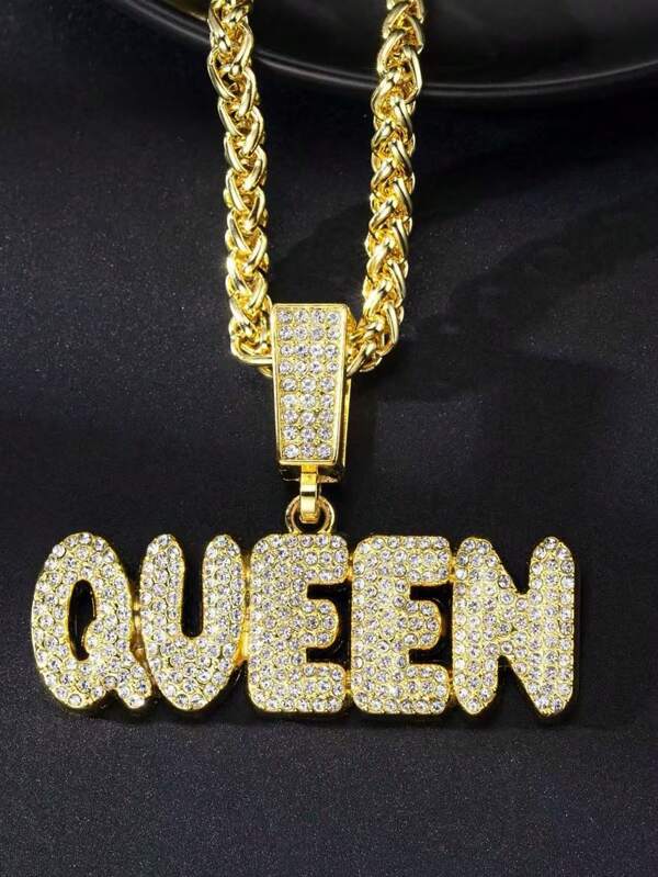 1pc Unisex Gold Tone Fully Iced Out Queen Letter Pendant Thick Chain Necklace, Suitable For Men And Women, Everyday Wear, Halloween, Christmas, Thanksgiving