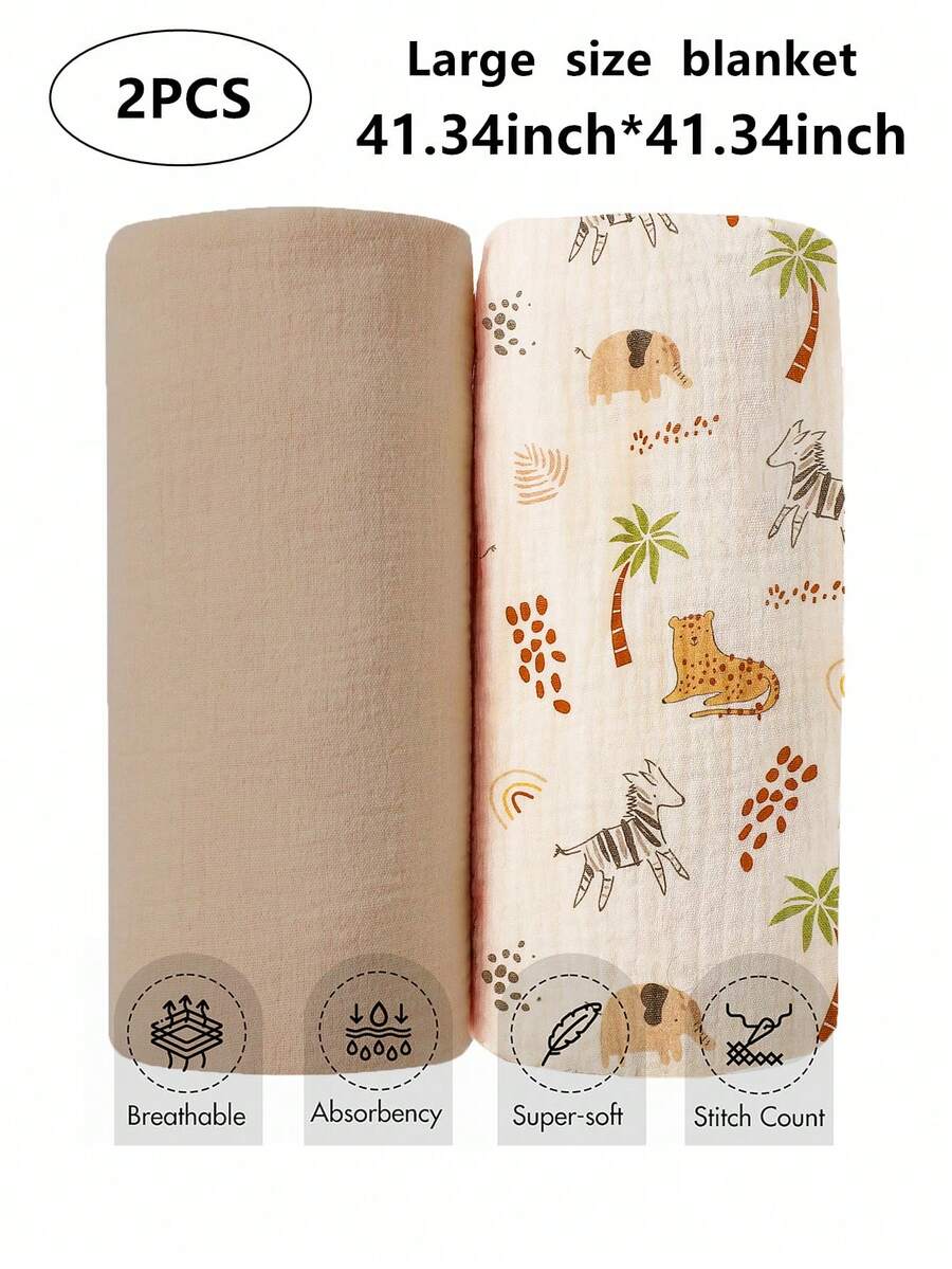 بطانيتان من القطن الناعم الشفاف، خفيفة الوزن ومنفذة للهواء مناسبة للأطفال الرضع والمواليد الجدد من الأولاد والبنات بنقوش كرتونية - متعدد الألوان - مشاهدة 1