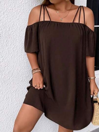 Damen Große Größen Einfarbiges Kleid mit Ausschnitt, Twist-Detail und lockerer Schulterpartie für den Urlaub