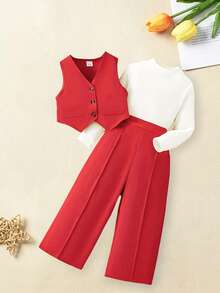 Kid Toddler Girls Suits Baptism Day Church Outfits Formal Wedding Guest Outfit Tuxedo Waistcoat Long Sleeve Mock Neck T Shirt Pants Sets 3pcs Dress Clothes 3-10 Years - 紅色 - 查看 2