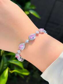 1件优雅水滴四叶草镀银立方氧化锆蓝绿色订婚结婚派对手链，女士珠宝礼品 - 4 leaf - 查看 5