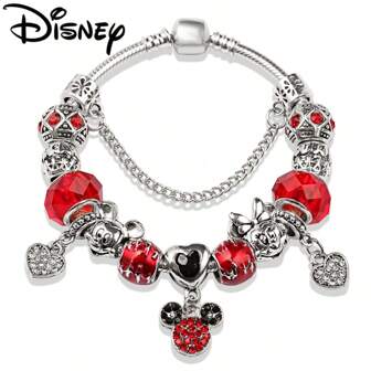Disney سوار فاشن مطلي بالفضة بتميمة كرتونية كريستالية حمراء على شكل ميكي وميني بخرزة قلب، هدية للنساء