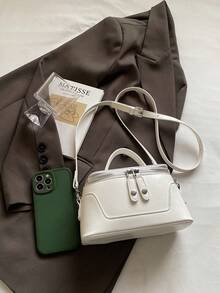 Chic High-End Niche Double Zipper Design Litchi Texture Handbag, Minimalist Summer Shoulder Crossbody Bag - White - View 7
