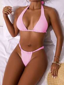 2pcs/Set Women's Sexy Ruched Lace Backless Beach Bikini For Summer Vacation - Baby Pink - View 2