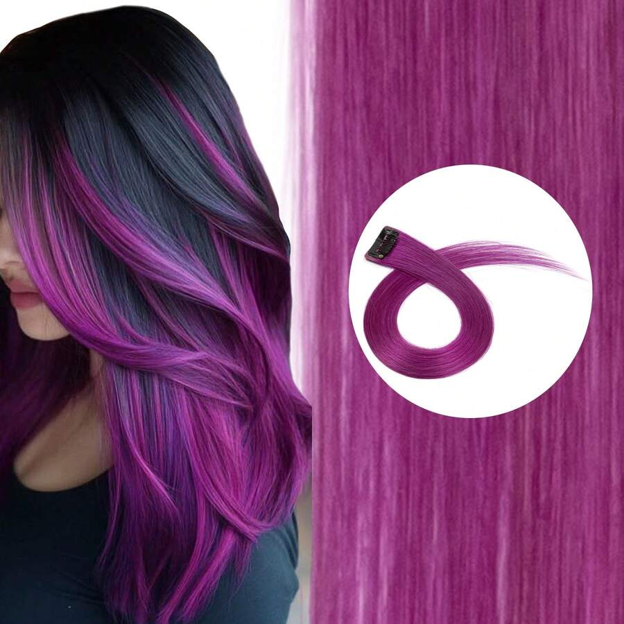 100% Human Hair Clip-In Underlights - Colored Hair Extensions Highlights Streaks (Pink, Blue, Purple, Green, Silver) - Heat Friendly, Remy Quality, Invisible Clips, Easy To Apply - 中紫紅色 - 查看 1