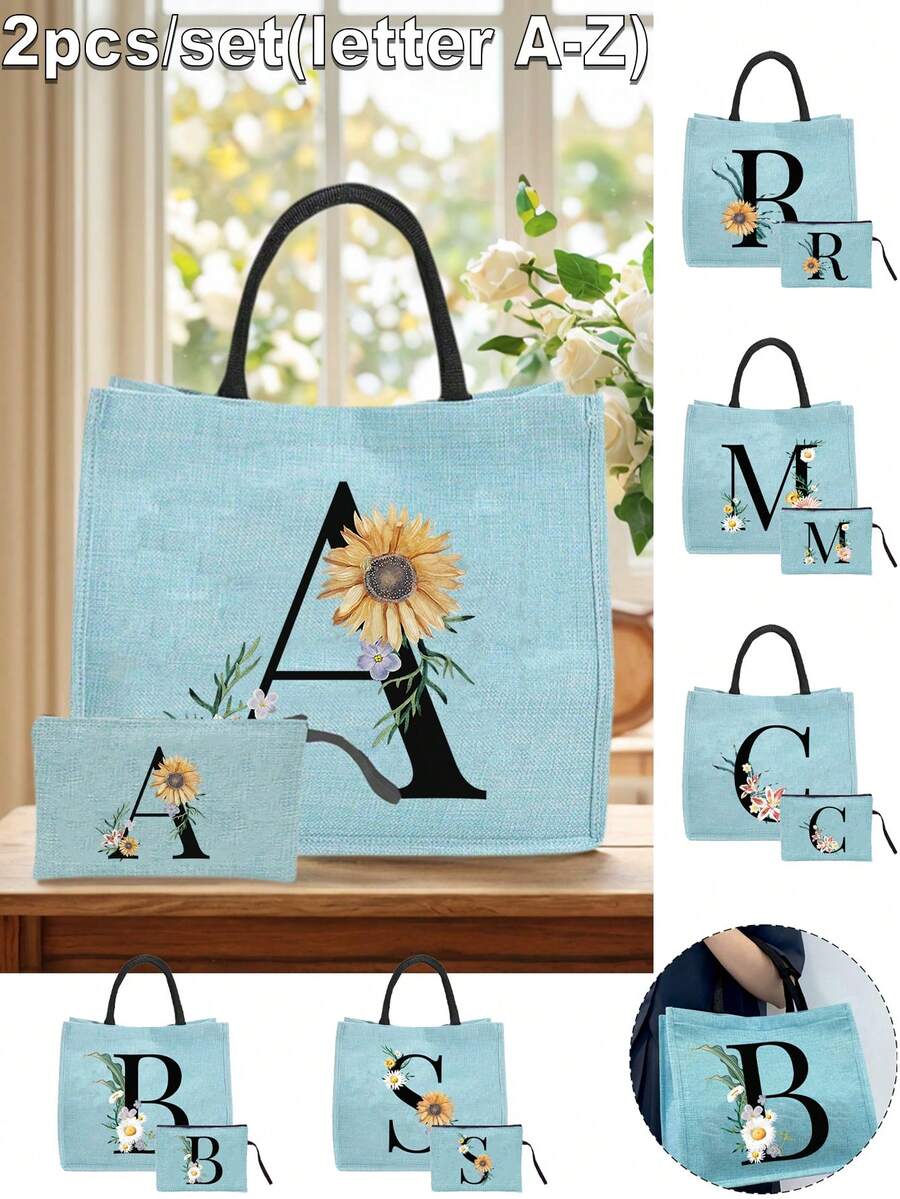 Sunflower & Daisy, Letter A-Z Print Blue Linen Tote Bag, Perfect Holiday Gift, Multifunctional Portable Handbag/Shoulder Bag, Fashion Minimalist Linen Bag, Large Capacity Storage Bag, Gift For Women, Teacher's Day Gift, Cosmetic Bag - Blue - View 1