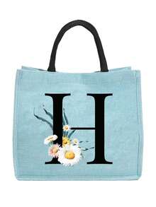 Sunflower & Daisy, Letter A-Z Print Blue Linen Tote Bag, Perfect Holiday Gift, Multifunctional Portable Handbag/Shoulder Bag, Fashion Minimalist Linen Bag, Large Capacity Storage Bag, Gift For Women, Teacher's Day Gift, Cosmetic Bag - Blue - View 57