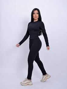 Ana Ruga Cropped Long Sleeve Simple None Beach Set - Negro - Ver 3
