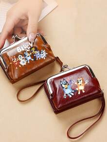 Bluey Bluey Portable Lanyard Faux Leather Multifunctional Short Wallet Cute Bluey Retro Color Print Purse Three Colors Available With Zipper For Valentine's Day Card Holder