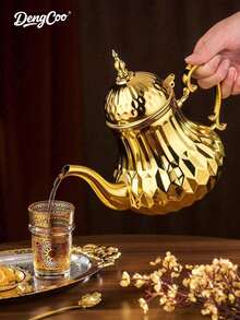 Dengcoo 1pc 1.4L Arabic Style Stainless Steel Tea & Coffee Pot - Middle Eastern Serving Kettle With Gold & Silver Engravings - Ideal For Home, Cafe, Mosque & Luxury Gifting, Use During Ramadan - Multicolor - View 3