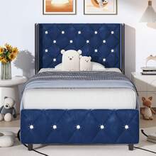 Twin/ Full/ Queen/ King Size Bed Frame, Upholstered Bed Frame With Diamond Headboard And Footboard, No Box Spring Needed With Wood Slat Support, Easy Assembly, Twin Bed Frame/  Full Bed Frame/ King Bed Frame, Black/ Pink/ White/ Purple/ Blue/ Green - 藍色 - 查看 6