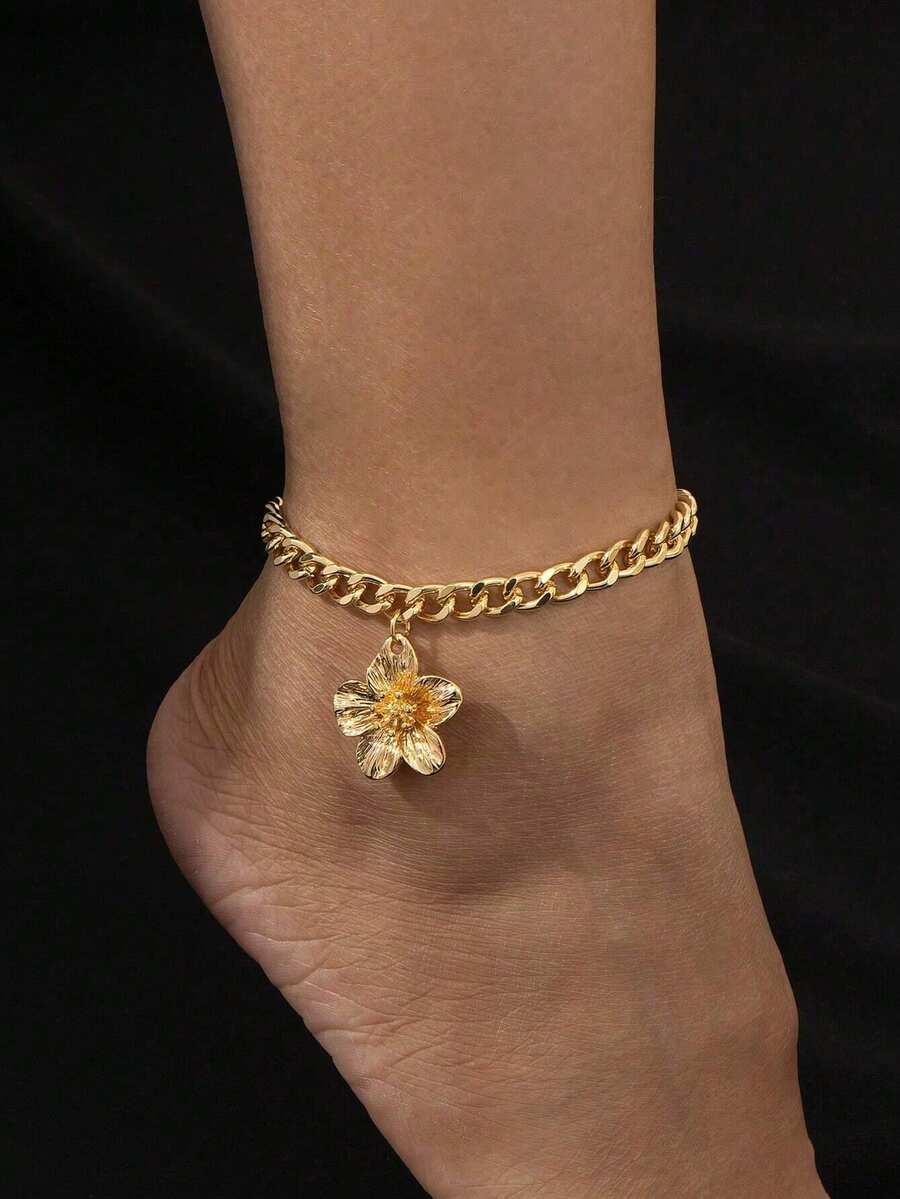 1pc Women's Fashion Jewelry, Foot Jewelry, Floral Pendant, Simple Thick Chain Anklet, Suitable For Daily, Beach, Holiday Wear, Gift