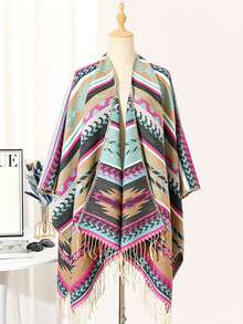 1 Pieza de Chal Retro con Flecos de Jacquard para Calentar y Proteger del Sol, Cárdigan Grueso Oversize, Chal de Viaje Retro, Chaqueta Vaquera a Prueba de Viento