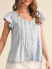 Women Cute Short Sleeve Boho Crop Top Fly Sleeve Floral Ruffle Shirts Y2K Out Going Peplum Blouse - 淺藍色 - 查看 2