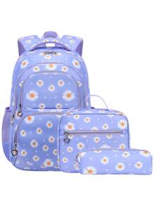 3 piezas/set Mochila con estampado de margaritas lindas, diseño de múltiples compartimentos de gran capacidad, cremallera Closure, adecuado como regalo para estudiantes de secundaria/preparatoria, niñas, vuelta al colegio