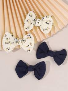 4pcs Girls' Soft Solid Color & Floral Print Hair Bow Clips, Pair Sets Of Bohemian-Style Bows - Charming Free-Spirited Delightful Hair Accessories For Beach Trips, Music Festivals, Parties & Summer Seasons