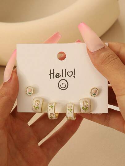 3 pares/Conjunto de Brincos Multicores em Forma de Flor com Esmalte para Mulheres, Dia dos Namorados