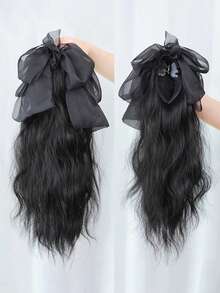 Bowknot Wavy Wig Ponytail Claw Clip, Sweet Low Ponytail Hair Clip For Party, Date