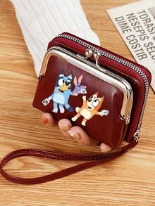 Bluey Bluey Portable Lanyard Faux Leather Multifunctional Short Wallet Cute Bluey Retro Color Print Purse Three Colors Available With Zipper For Valentine's Day Card Holder