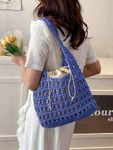 BAILEE 1 件全新米色镂空编织沙滩钱包，优雅轻便耐用单肩托特包，适合女士夏季海滩外出、度假和日常使用沙滩包 - 彩色 - 查看 5