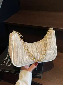 时尚纯色编织新月形女士手提包，配有金属链条肩带，可用作手提包、单肩包、托特包、沙滩包、休闲编织包和手机包，夏季必备，适合度假和假日，沙滩包，适合夏季、度假和日常使用，旅行必备。 - 米色 - 查看 10