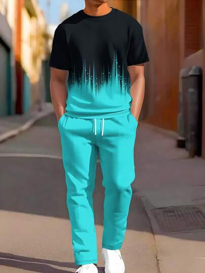 2 件套男士运动服，透气舒适，优质面料超柔软渐变休闲圆领短袖上衣和慢跑裤套装，流行服装