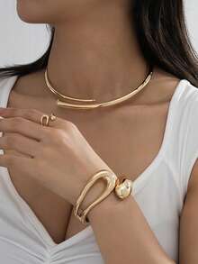 1 Set Elegant High-End Geometric Shape Alloy Bracelet, Ring, Necklace, Earrings Jewelry Set For Women, Suitable For Parties, Galas, And Dates, An Elegant Gift For Girlfriend - Gold - View 21