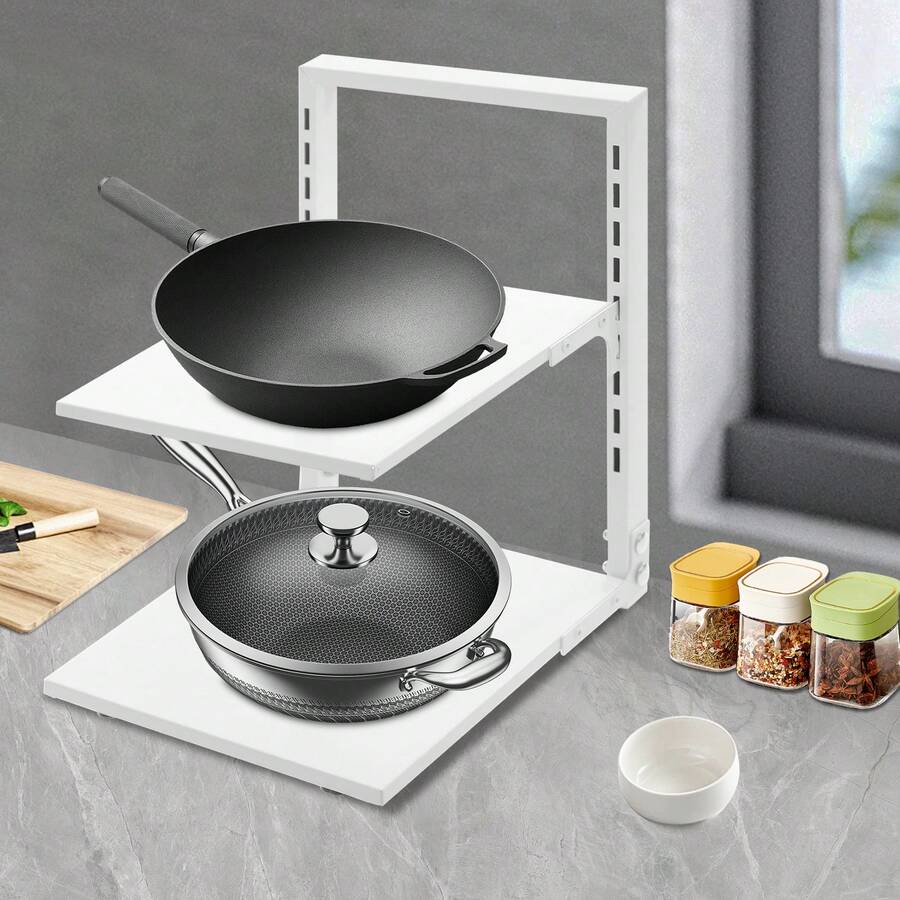 2 Tiers Pot Rack Organizer, Adjustable Pot Pan Stand Organizer Rack, Detachable Kitchen Pan Holder Organiser Stand For Kitchen Counter Cabinet - White - View 1