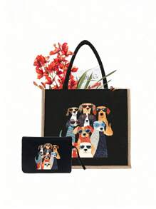 这款亚麻手提袋饰有9只戴墨镜的小狗图案，并配有一个抽绳化妆包，是理想的圣诞礼物。它设计新颖，容量大，便于携带，既可作休闲收纳袋，也可作购物袋。此外，它也是一款多功能便携教师手提袋。