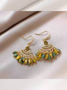 Bohemian Style Green Water Drop Tassel Dangle Earrings, Unique Design, Suitable For Beach Vacation - Green Crystal Tassel Earrings - View 1