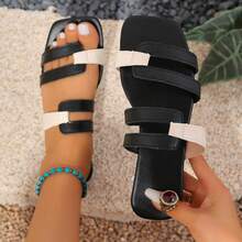 女士休闲拖鞋，简约时尚，柔软舒适双色平底拖鞋，室内外均可穿着 - 黑與白 - 查看 1